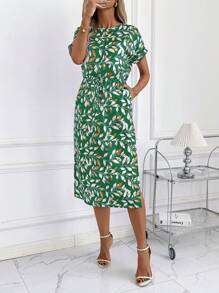 SHEIN Clasi Women Elegant Round Neck Floral Print Cinched Waist Midi Dress, Holiday Style - Green - View 3