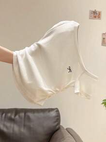 INAWLY Women's Summer New Sexy Asymmetric Neck Bowknot Embroidery Ruffle Slim Fit Revealing Shoulder T-Shirt - White - View 2