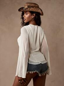 MISSGUIDED Lace Up Front Long Sleeve Blouse Western Festival Bohemian Peasant Top Fall Spring Resort Wear Vacation Beach Cover Up