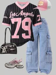 Conjunto deportivo informal básico a juego con rayas y número de equipo retro, camiseta holgada con cuello en V y ribete negro para niña preadolescente