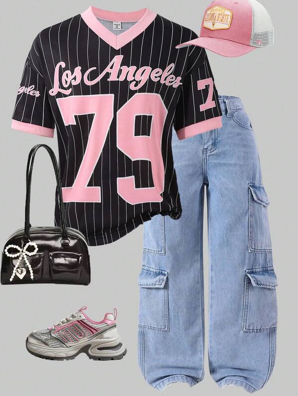 SHEIN Girl & Girls Matching Basic American Street Casual Sports Retro Team Number Stripe V-Neck Oversized Black Trimmed T-Shirts