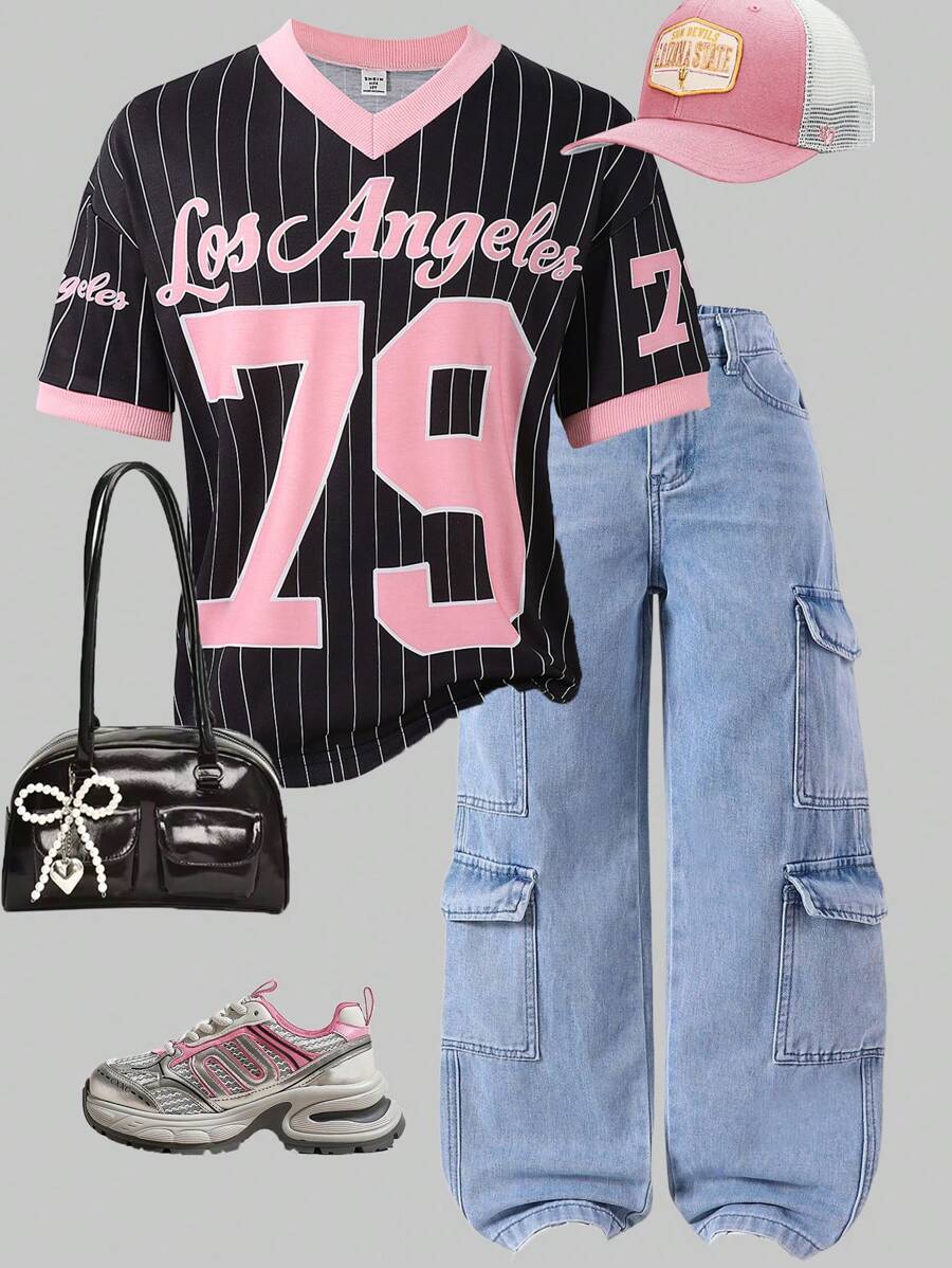 Sparklyn 青少年女孩基本款美式街头休闲运动复古队号条纹V领超大黑色边饰T恤 - 黑色 - 查看 1