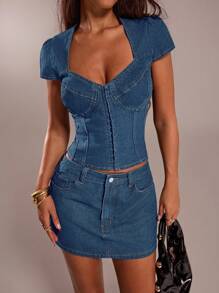 SHEIN Forever 21 Áo cánh denim ngắn tay cài nút phía trước mùa hè cho nữ - Màu xanh lam - Xem 7