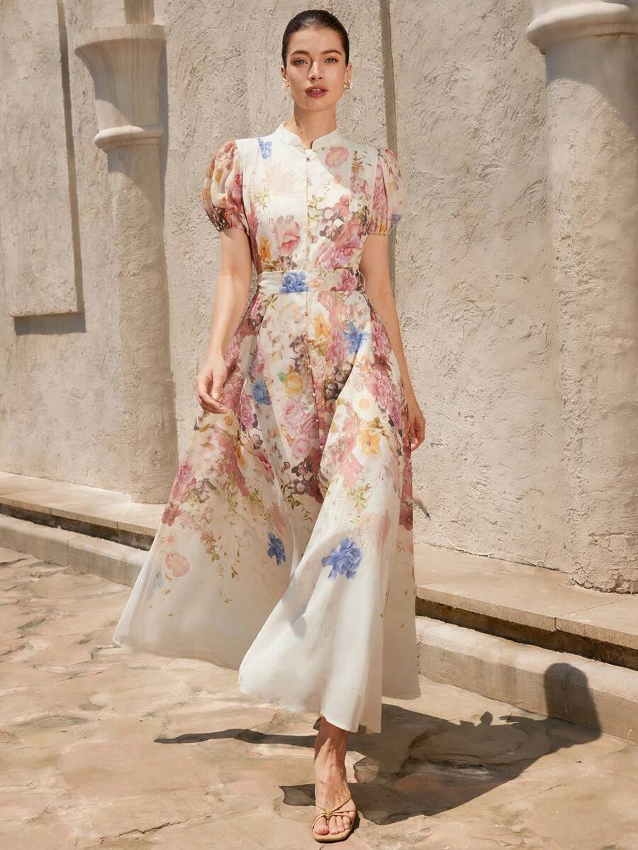 Aveloria Rosie 雪纺花卉印花腰带修身喇叭形春夏假日短袖连衣裙 - 彩色 - 查看 1