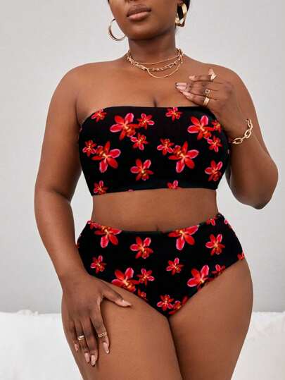 Slaydiva Plus Size Women Black Background Large Floral Print Removable Wide Strap Bandeau Bikini, Fashionable Minimalist Summer Beach Holiday Graduation Travel Casual Swimwear Set