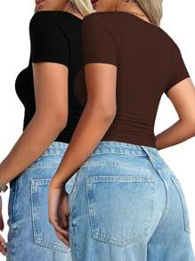 INAWLY 女士纯色休闲短袖短款T恤 - 彩色 - 查看 3