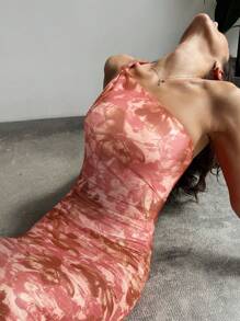 Firerie 女士优雅花卉印花单肩鱼尾下摆扭褶长裙，适合度假、约会、音乐节 - 彩色 - 查看 5