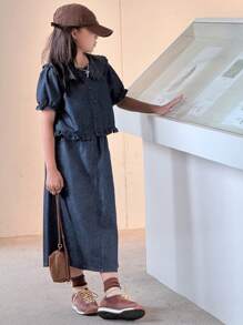 DAZY Tween Mädchen Teenager Rüschen Kragen Jeans Sets, Sommer, Kleidung für den Schulanfang