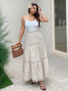 Dazy Plus 大码弹力腰带撞色蕾丝宽松A字裙度假装 - 杏色 - 查看 1