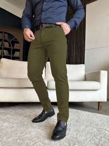 Manfinity Mode Men's Solid Color Pocket Casual Business Slim Fit Dress Pants Men Pants Casual Pants For Men Men Pants Men Clothes Pants Men Slim Fit Dress Pants - Olive Green - View 3