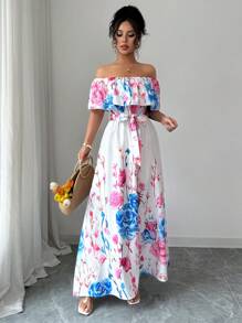 Elenzga Vestido de moda para vacaciones con hombros descubiertos, estampado floral y dobladillo con volantes para mujeres - Rosa - Ver 5