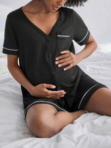 BloomMama 2 Packs Maternity Short Sleeve Nursing Pajama Set With Button ,Lounge Set Fashion Sleepwear - Black - View 3