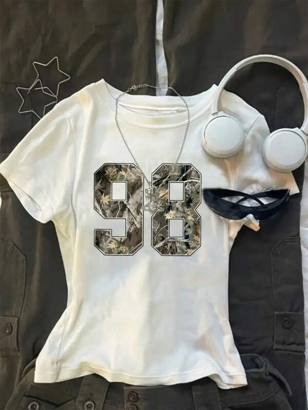 SHEIN Teen Girls' Numeric Print Crew Neck Casual Short Sleeve T-Shirt, Summer Girls Number Shirt Teen Girl Number Shirt Kids Number Shirt Tween Number Shirt