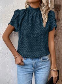 EMERY ROSE Women's Casual All Over Print Stand Collar Petal Sleeve Blouse, Summer - Blue - View 3