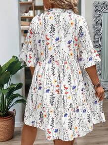 EMERY ROSE Plus Size Women's Summer Branch Floral V-Neck Dolman Dress With Ruffle Hem, Loose Fit - White - View 2