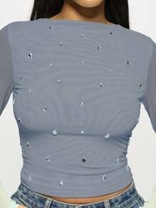 MISSGUIDED 长袖网眼水晶装饰短款上衣秋冬华丽水钻派对俱乐部装晚装分层单品