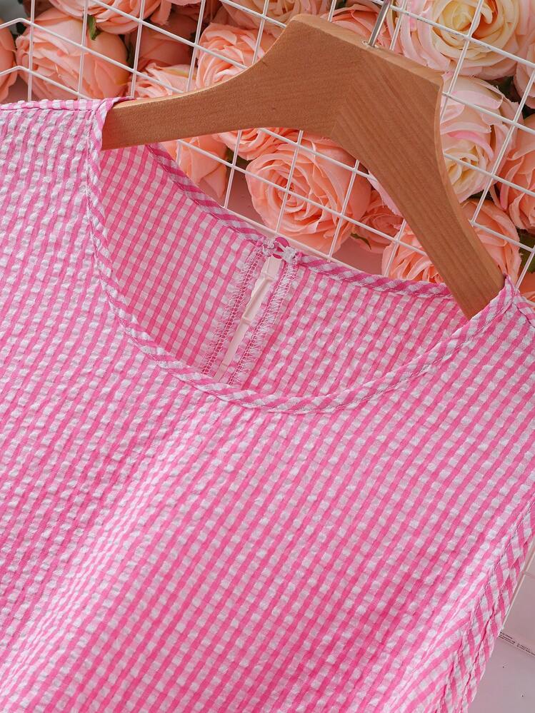 SHEIN LUNE Đầm cổ tròn kẻ caro thường ngày mùa hè cỡ lớn không tay cho nữ - Màu Hồng Tươi - Xem 3