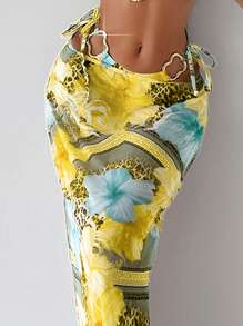 Bonvoyette Bộ 3 món đồ bơi bikini dây mảnh in họa tiết toàn thân cho nữ, quần bikini tam giác và chân váy ngắn - Màu vàng - Xem 5