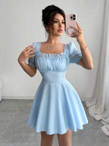 Elenzga New Season French Style Blue Square Neck Fashionable Luxurious High-End Chic Cinched Waist Elegant Puff Sleeve Dress For Summer - Baby Blue - View 1