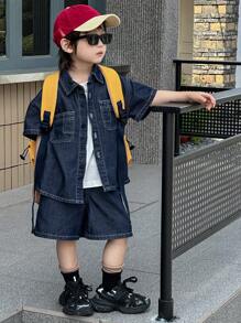 Dazy Kids 男童破洞牛仔短袖T恤和短裤套装，休闲 - 藍色 - 查看 4