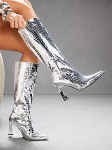 CUCCOO SZL 女士时尚银色鳄鱼纹宽筒尖头细高跟长靴 - 銀色 - 查看 6