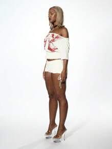 SUMWON WOMEN Off Shoulder Angel Graphic Crop Top With Shirred Waist Band Gothic Renaissance Style Festival Dance Party Clubwear - White - View 4