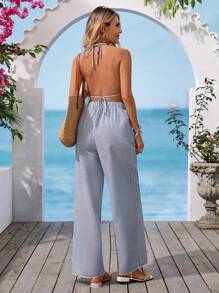 Vivid Eden 2 件套女士露背条纹上衣和裤子，夏季时尚 - 藍色 - 查看 4