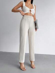 RueChic Damen einfarbige Stoffhose mit elastischem Bund und geradem, gestreiftem Design für den Lässig-Look