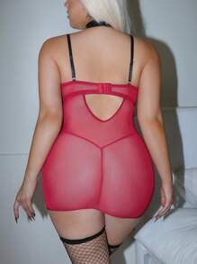 AltCore 4 件套加大码性感内衣套装，采用皮革、蛇皮印花和网眼设计，包含钢圈文胸 - 酒紅色 - 查看 2