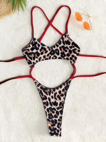 Swim SXY Leopard Print Backless Halter One-Piece Swimsuit For Beach Vacation For Summer