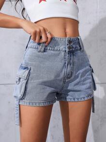 SHEIN EZwear Women's Summer Casual Skinny Cargo Denim Shorts - Light Wash - View 4