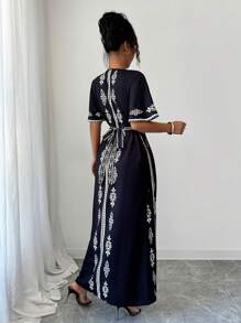 Elenzga 新款优雅V领时尚印花女式连衣裙 - 彩色 - 查看 2