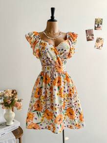 Soleia Plus Size V-Neck Layered Collar Cap Sleeve Cinched Waist A-Line Orange Floral Print Resort Vacation Mini Dress - Multicolor - View 7