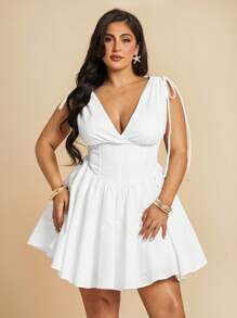 SHEIN BAE Đầm dự tiệc bồng bềnh cổ chữ V có dây rút vai cỡ lớn cho nữ, màu trắng, váy dự tiệc sinh nhật - trắng - Xem 3