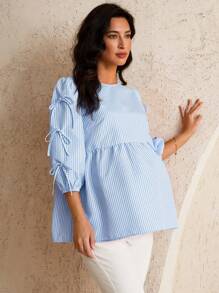 MaterniWear 办公室、商务休闲女士、孕妇条纹蝴蝶结灯笼袖休闲系带衬衫蓝色条纹上衣浅蓝色上衣泡泡袖上衣女士夏季上衣孕妇装上衣系带袖上衣 - 藍色 - 查看 1
