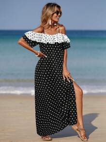 Breezaya Plus Size Women's Vacation Polka Dot Print Ruffle Off Shoulder Side Slit Maxi Dress