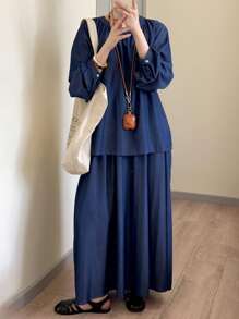 FRIFUL Conjunto de 2 piezas de blusa casual con botones en la espalda y falda fluida, corte holgado para mujer