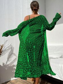 Swim Lushoire 夏季海滩女士泳装套装包括印花胸罩、内裤和随机图案罩衫，3 件 - 綠色 - 查看 2