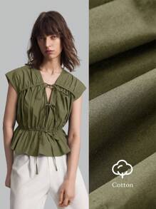 Ontre Áo cánh rút dây màu xanh ô liu thường ngày dành cho nữ, trang phục đơn giản mặc hàng ngày mùa xuân, ngày lễ tình nhân, áo thun trở lại trường có dây đeo mỏng - xanh quân đội - Xem 2