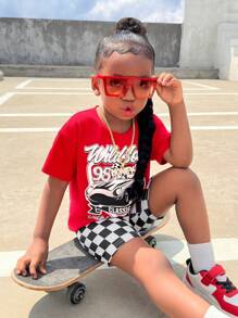 SHEIN Young Girl Casual Street Style Car Print T-Shirt & Checkerboard Leggings 2pcs Set Kids Streetwear - Red - View 6