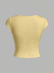INAWLY Women's Fashionable V Neck Solid Color Cap Sleeve T-Shirt, Summer Yellow Top - Yellow - View 2