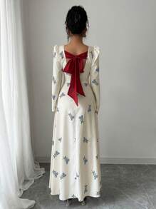 Modelyn 女士梭织印花撞色面料拼接长款修身连衣裙 - 藍色 - 查看 2
