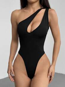 SHEIN Tall Black Ribbed Knit Asymmetric Neckline Cut-Out Skinny Bodysuit, Versatile For Vacation, Beach, Casual Daily Wear, Summer, Tall Women - Black - View 5