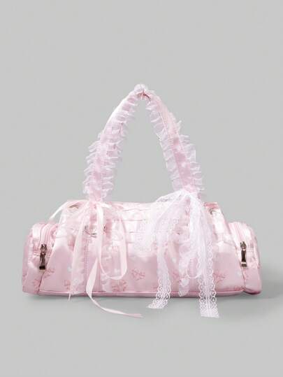 Kawaii Bolso redondo blanco vintage y lindo con adorno de lazo y encaje, bolso de hombro tipo Boston para mujer, estilo femenino