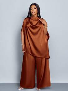 SOLERSUN 女士时尚纯色优雅立领时尚精致蝙蝠袖缎面不对称下摆衬衫和直腿优雅长裤套装 - 棕色 - 查看 4