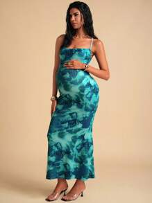 MaterniChic Pregnant Women Tie Dye Printed Fitted Summer Strap Dress  Maternity  Dress FLORAL - Green - View 8