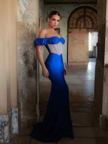 Glamrae Elegante e lussuoso abito da sera lungo con gonna a coda di pesce, realizzato a mano con perle blu, scollo a spalle scoperte, maniche a sbuffo, vita arricciata e gonna trasparente, adatto per cerimonie di laurea, matrimoni, vacanze, addio al nubilato, eventi formali e cene di gala