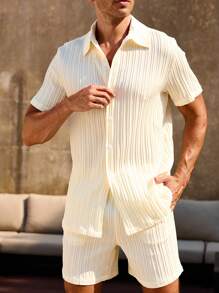 Manfinity Swimmode Men's Solid Color Short Sleeve Single-Breasted Shirt & Shorts Beach Suit Set Summer Two Pieces Set For Men Men S Shirt Set