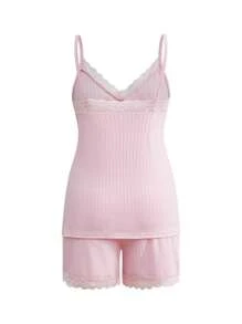 BloomMama 孕妇蕾丝睡衣套装两件装，家居服时尚睡衣 - 粉色 - 查看 8