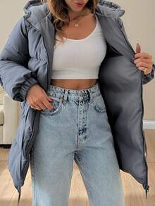 EURMUSE Premium Quality, Side Popper Detailed Puffer Wintercoat Winter Everyday Going Out Dark Grey Casual - Grey - View 8
